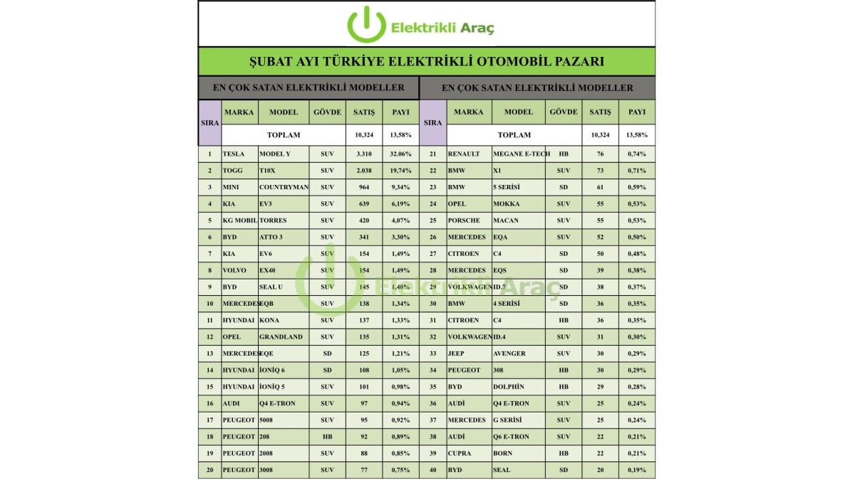 Şubat 2025 Türkiye Elektrikli Otomobil Pazarı